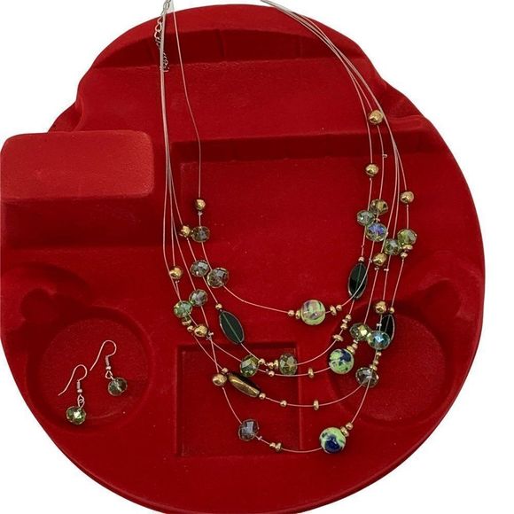 Women’s Lot Glass Bead Necklace Earring Set Green 0350 Layered Tiered 20" - Picture 2 of 11